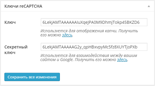 Ввод ключей reCAPTCHA
