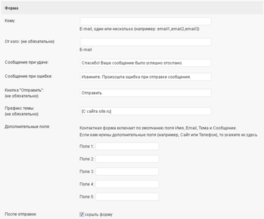 Раздел настроек плагина Форма