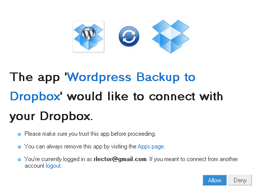 Запрос разрешения на авторизацию плагина в Dropbox